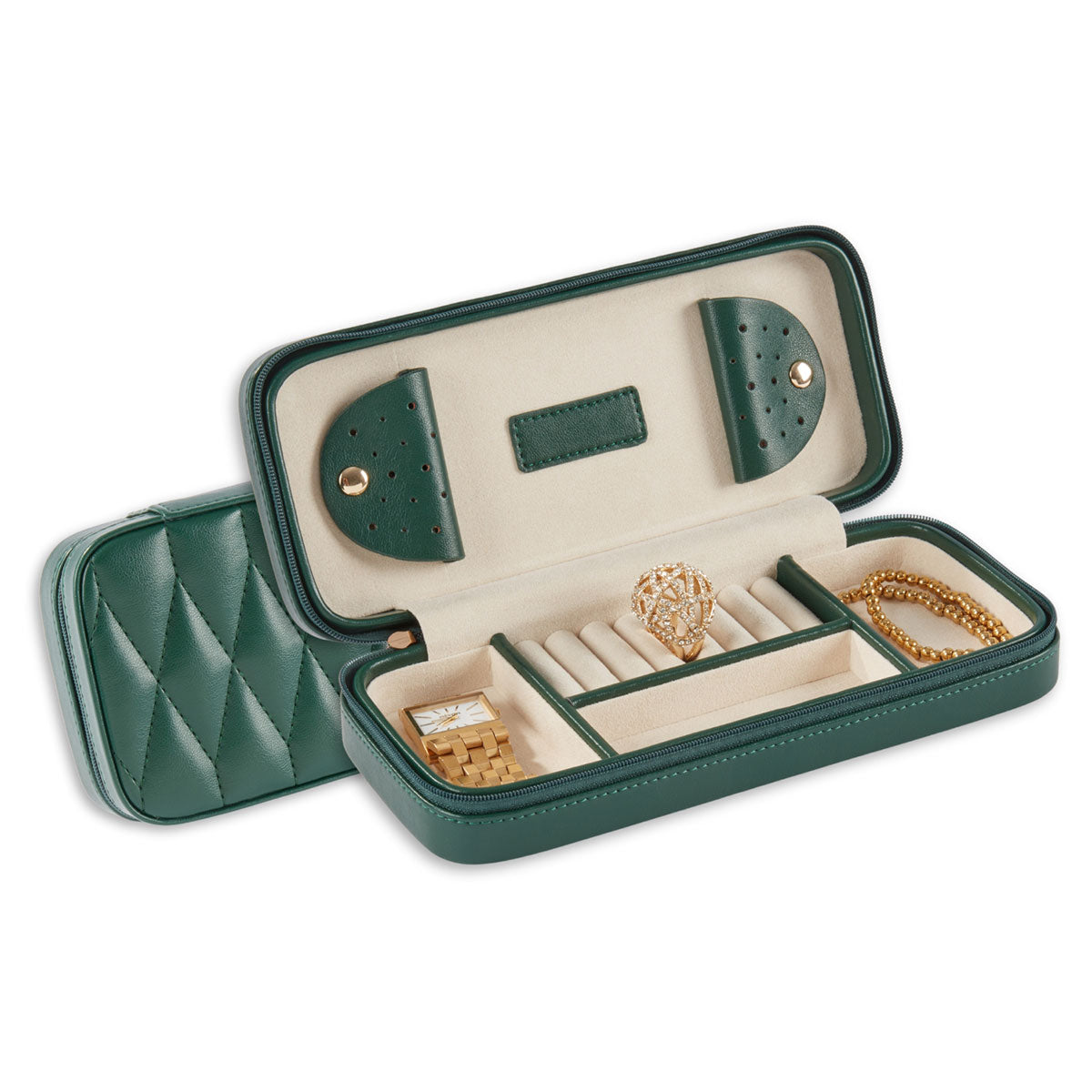 Green Leather Diamond Quilt Design Travel Jewelry Case — product view 4