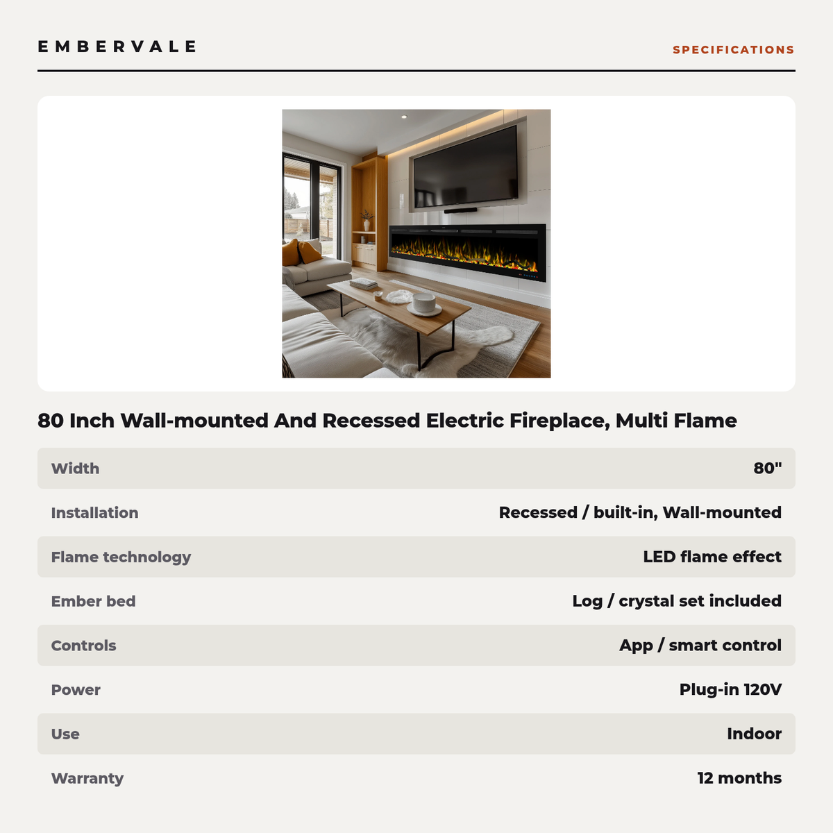 80 Inch Wall-mounted And Recessed Electric Fireplace, Multi Flame And Log Bed Colors W Smart APP Control — product view 3
