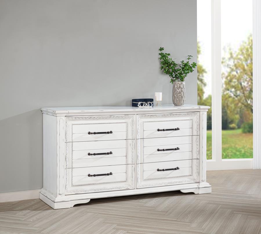 Coaster McKinney Vintage Distressed White 6-Drawer Dresser – 215873 — product view 1