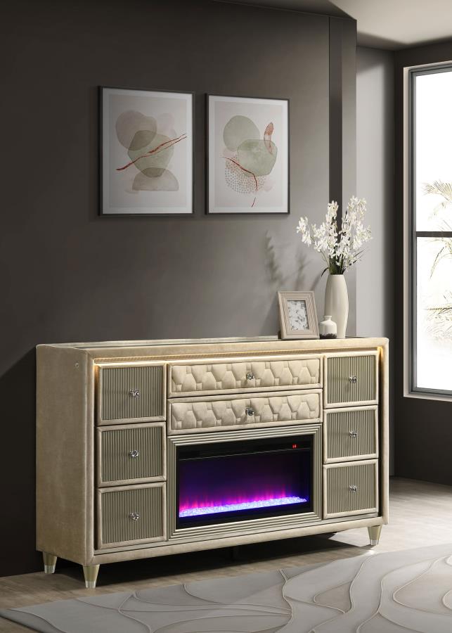 Lorient Ivory & Camel Velvet Upholstered Dresser with Flame Box LED – 222663FB — product view 1