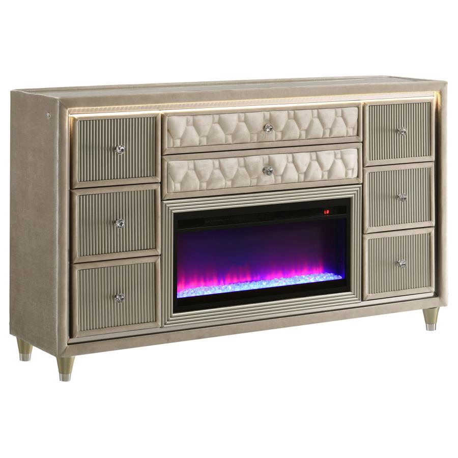 Lorient Ivory & Camel Velvet Upholstered Dresser with Flame Box LED – 222663FB — product view 3