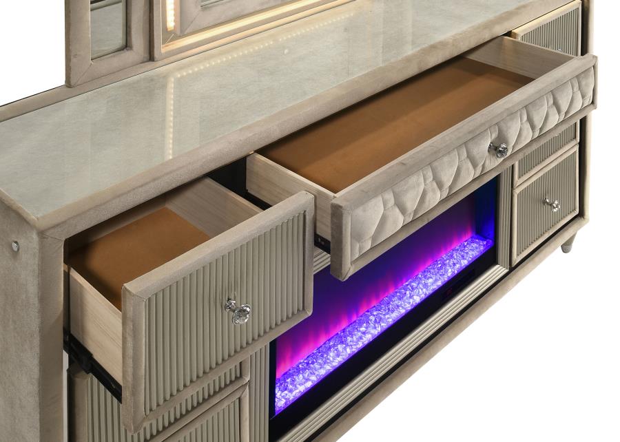 Lorient Ivory & Camel Velvet Upholstered Dresser with Flame Box LED – 222663FB — product view 2