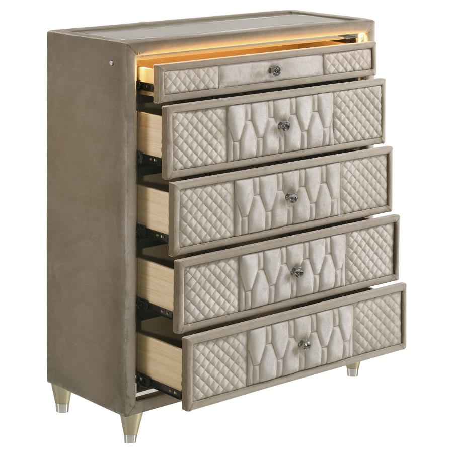 Lorient Ivory & Camel Velvet 5-Drawer Tall Chest with LED – 222665 — product view 2