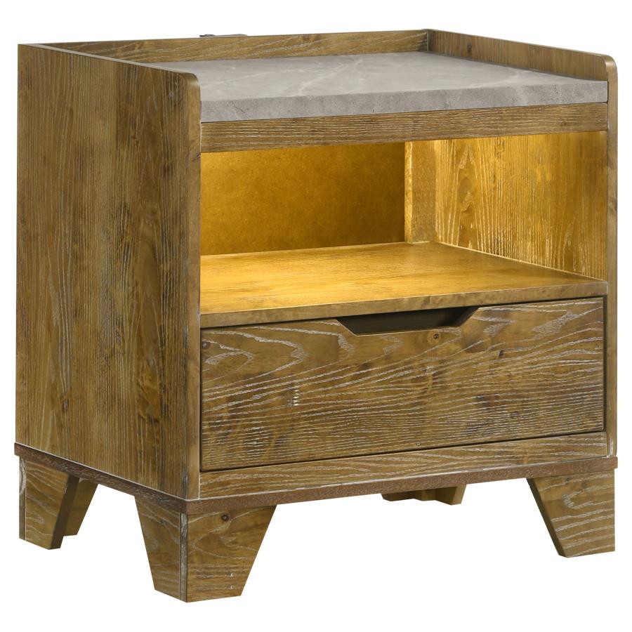 Henderson Medium Oak Finish Wood Grey Faux Marble 1-Drawer LED Nightstand – 222972 — product view 1
