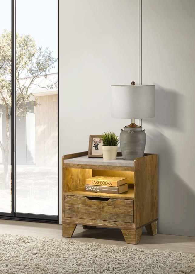 Henderson Medium Oak Finish Wood Grey Faux Marble 1-Drawer LED Nightstand – 222972 — product view 3