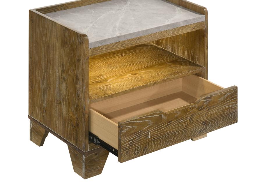 Henderson Medium Oak Finish Wood Grey Faux Marble 1-Drawer LED Nightstand – 222972 — product view 4