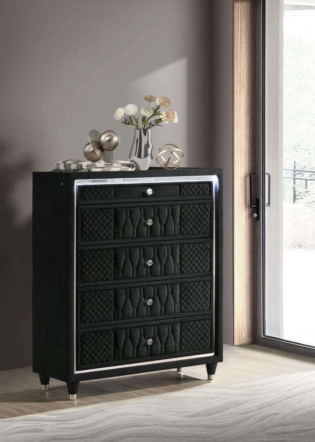 Lorient Black Velvet 5-Drawer Tall Chest with LED – 223165 — product view 1