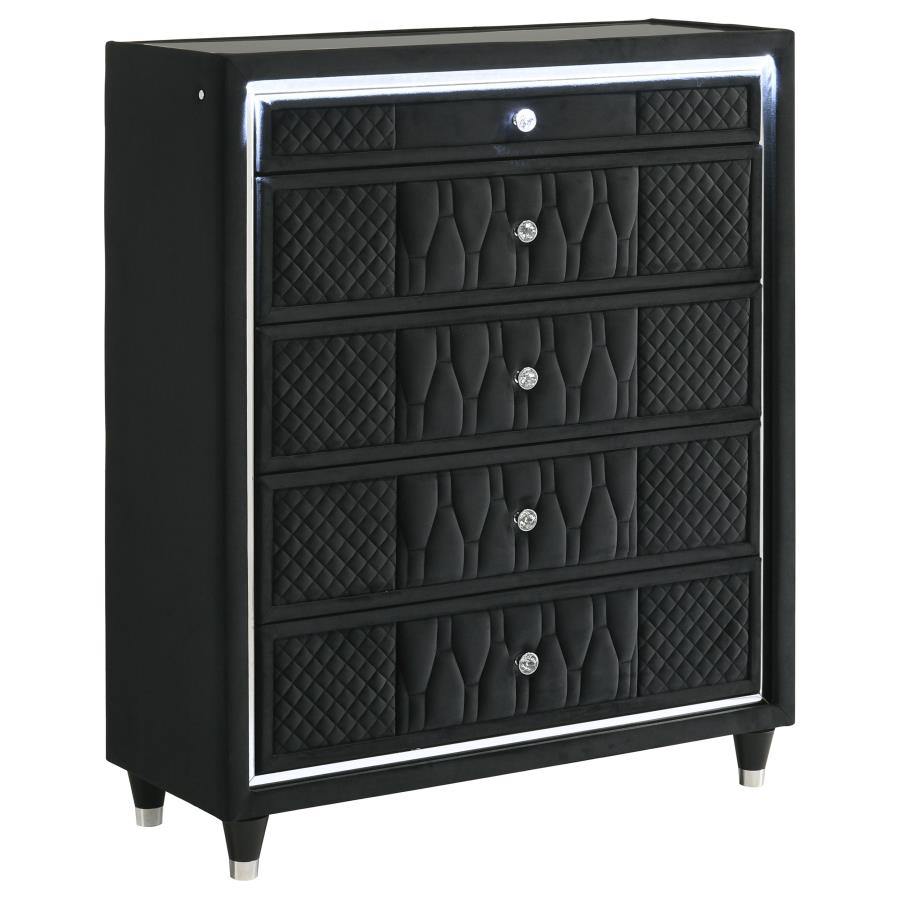 Lorient Black Velvet 5-Drawer Tall Chest with LED – 223165 — product view 4