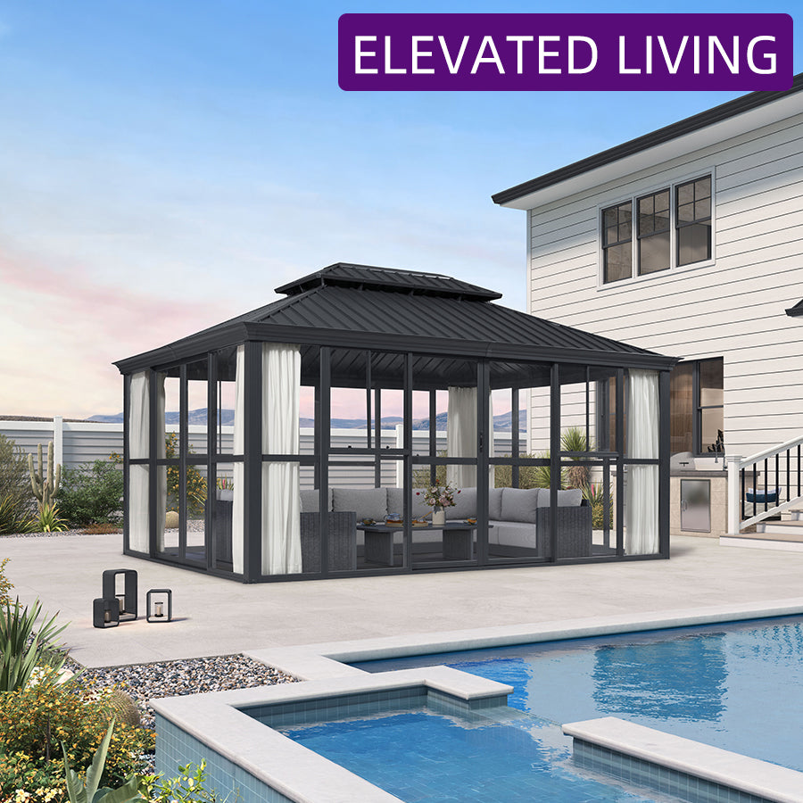 PURPLE LEAF Luxury Sunroom Solarium 360° Transparent Outdoor Living Room with Elegant Curtains Outdoor Gazebo with 4-Side Sliding Doors and Windows for Entertaining — product view 1
