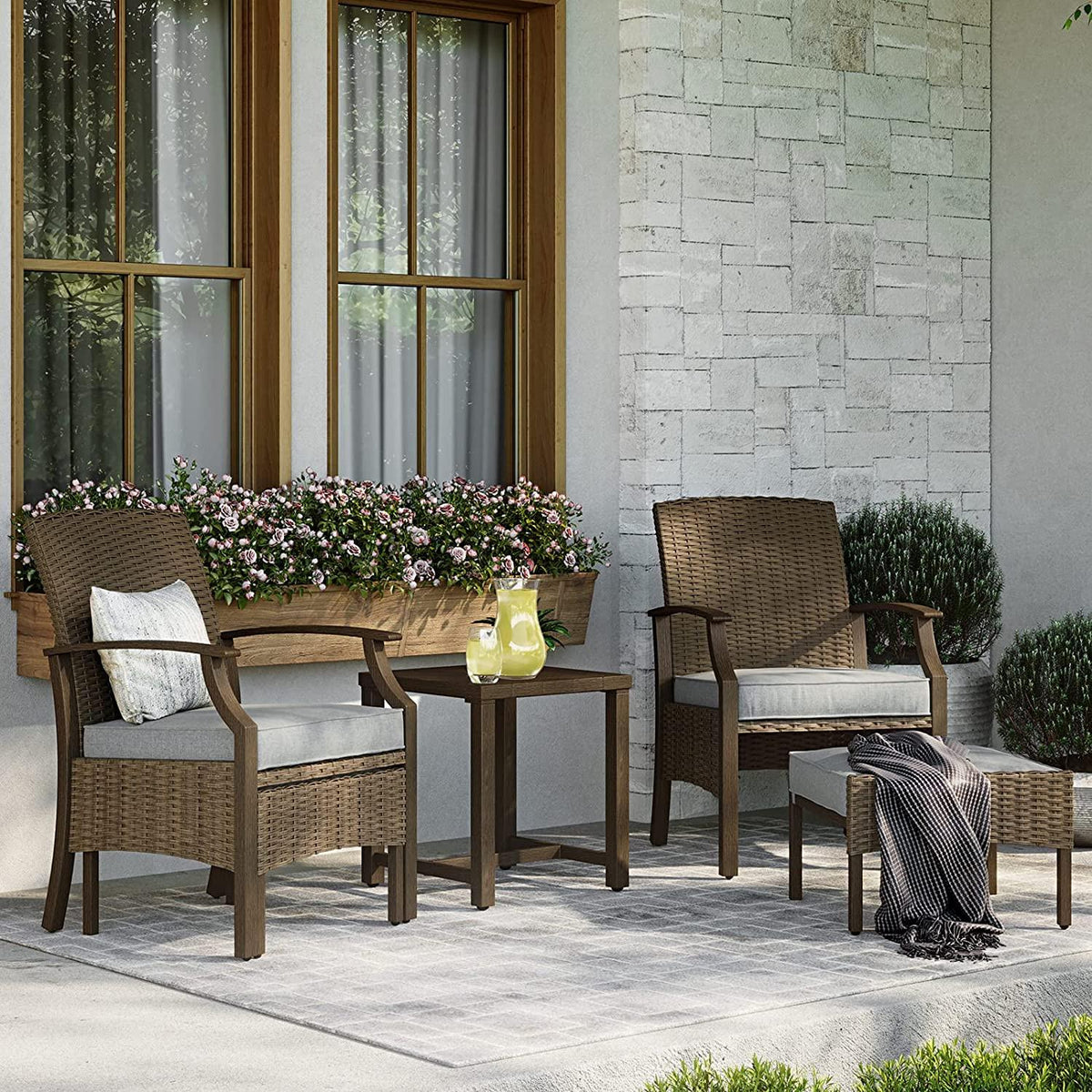 LOUNGE YARD 5 Pieces Outdoor Patio Furniture Sets Weather Resistant Wicker Outdoor Chairs with Ottomans and Coffee Tables — product view 7