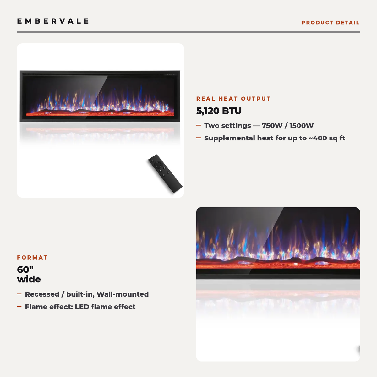 Electric Fireplace 60 inch Wall Mounted, Fireplace Heater 750 1500W Smart Heat — product view 2