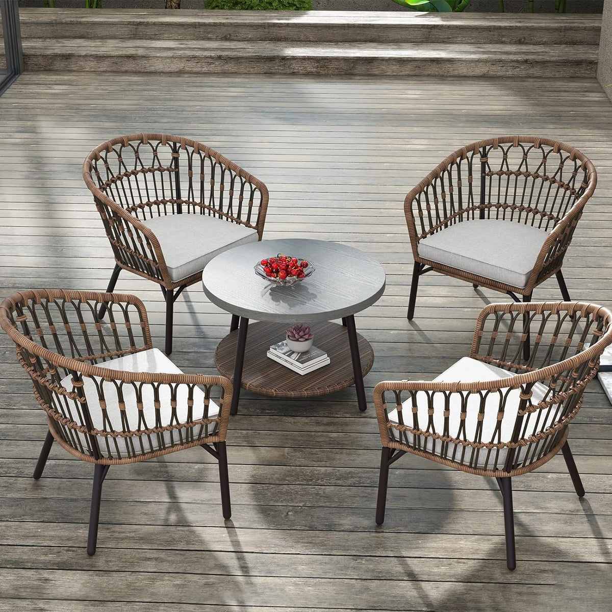 LOUNGE YARD Outdoor Tully 5-Piece Steel All-Weather Wicker Boho Chat Set with Round Table for Balcony, Patio, Deck — product view 2