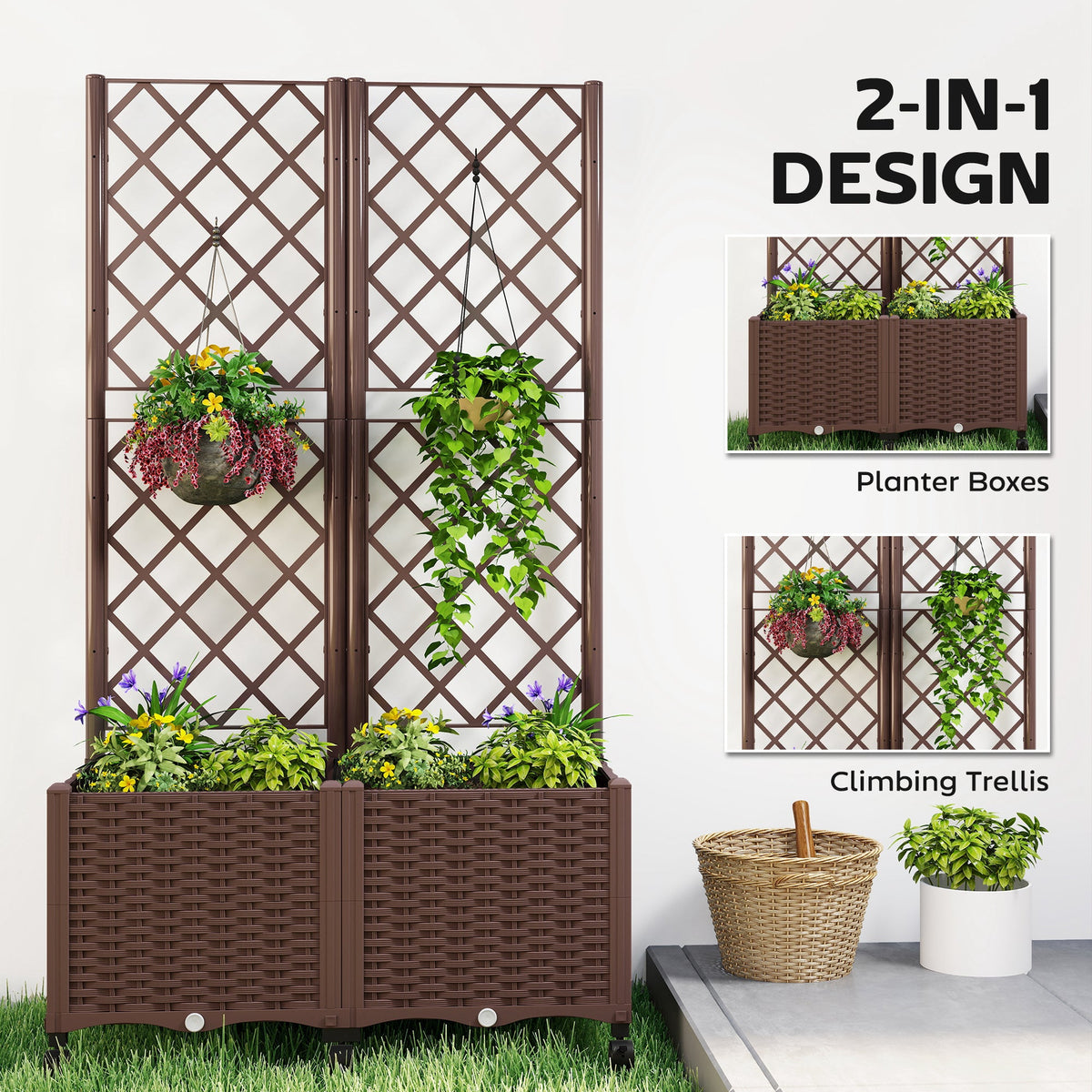 56.3" Self-Watering Planter Box with Trellis and Wheels, Brown — product view 6