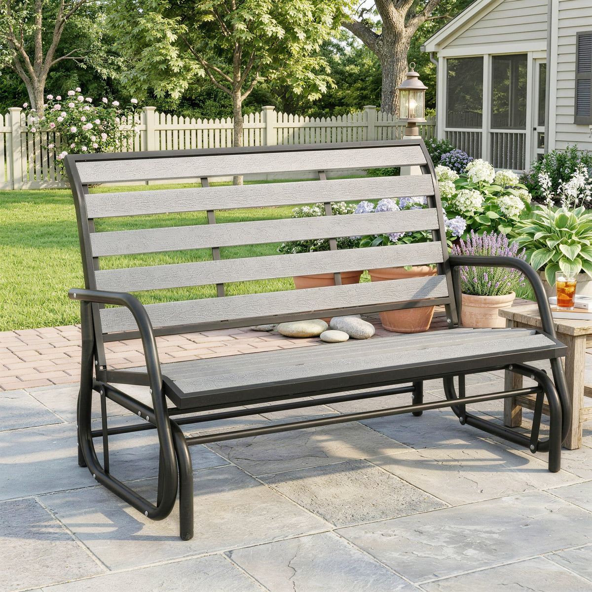 2-Person Outdoor Glider Bench with Faux Wood Slatted Seat and Steel Frame, Grey — product view 3