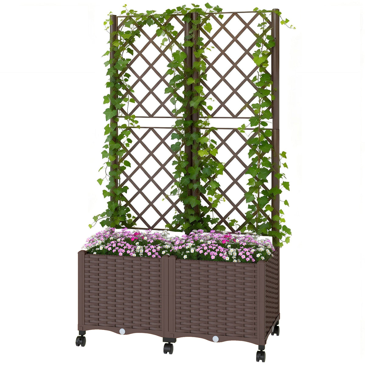 56.3" Self-Watering Planter Box with Trellis and Wheels, Brown — product view 2