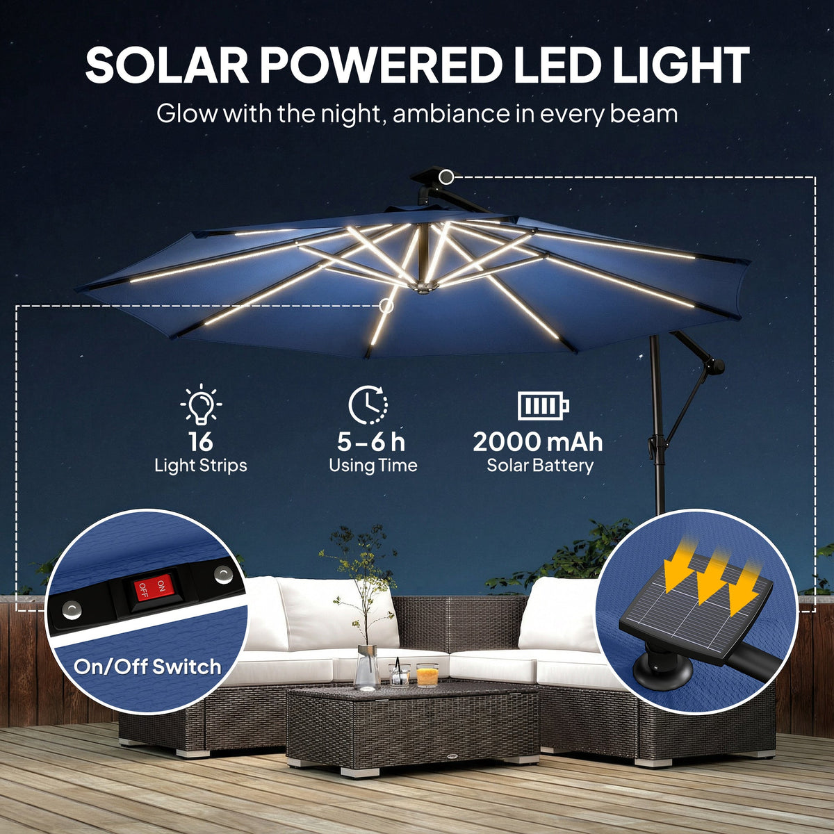 3 m Cantilever Parasol with Solar LED Light, Cover & 360° Rotation, Navy Blue — product view 6