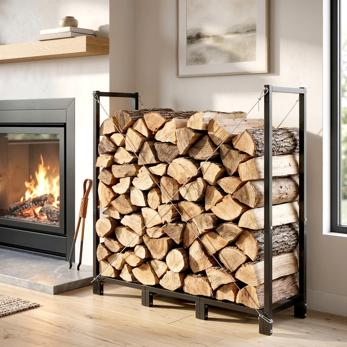 4 ft Firewood Rack with Customizable Width & Height, Cable Reinforcement, 616 lb Capacity, Black — product view 4