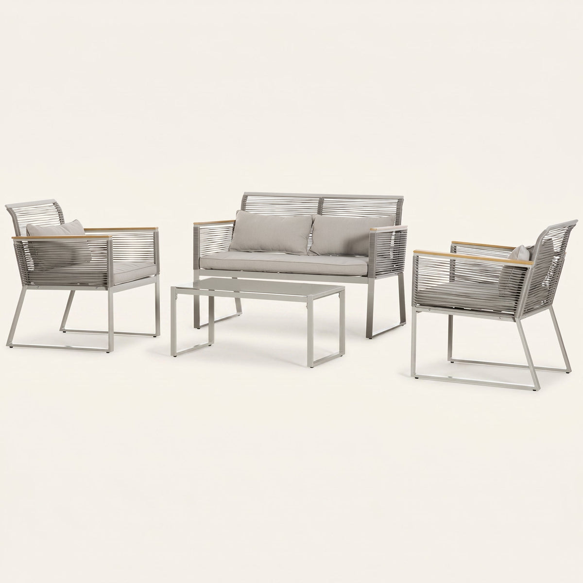 ARVOYA 4 Piece Rattan Garden Furniture Set with Cushions & Glass Top Table, Grey — product view 2