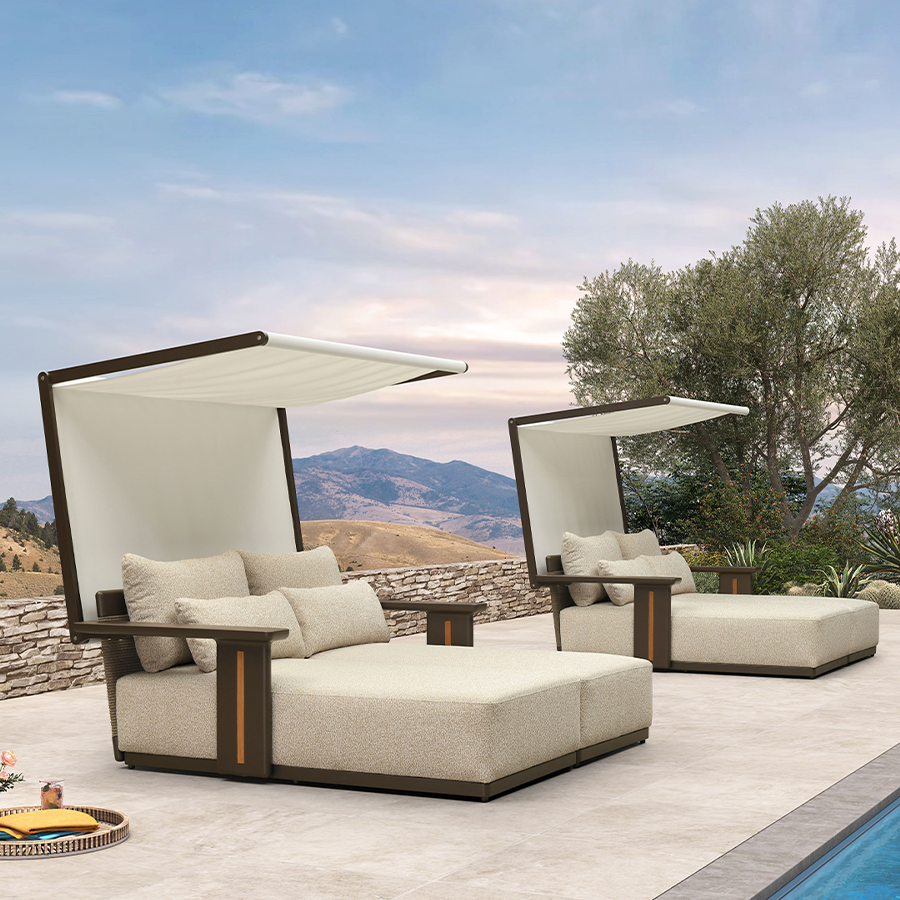 PURPLE LEAF Luxury Double Chaise Lounge Chair Outdoor Premium Aluminum Lounger with Teak Trim Armrest and 4 Pillows Modern Daybed with Textilene Canpoy for Pool Backyard Deck Garden — product view 2