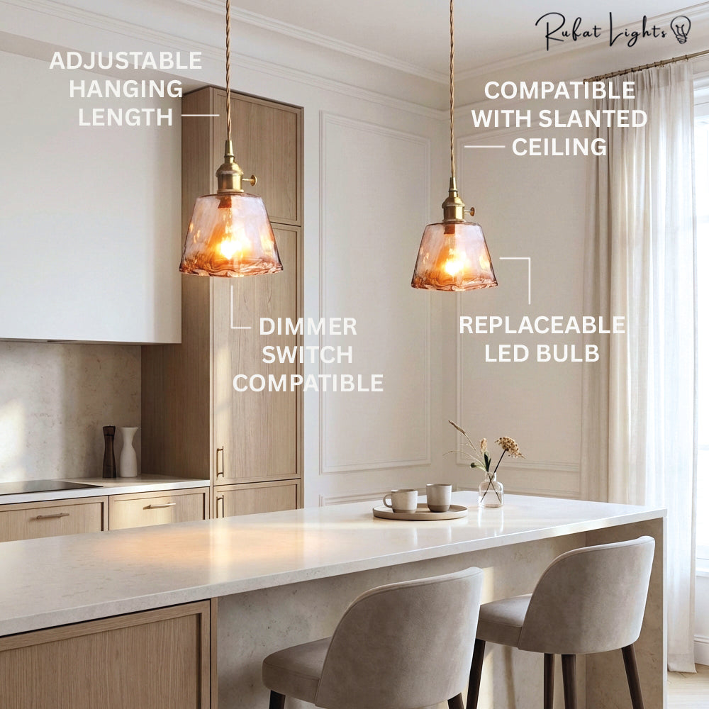 Brass Amber Glass Pendant Light Modern Dining Room Kitchen Island Bar — Pot Cone Dish Cube — product view 6