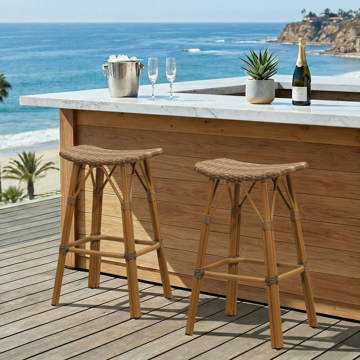 PURPLE LEAF Outdoor Bar Stools Set of 2 Backless Rattan Barstools with Saddle Seat and Footrest All Weather Aluminum Bar Chairs for Patio Kitchen Island Pool Balcony — product view 2
