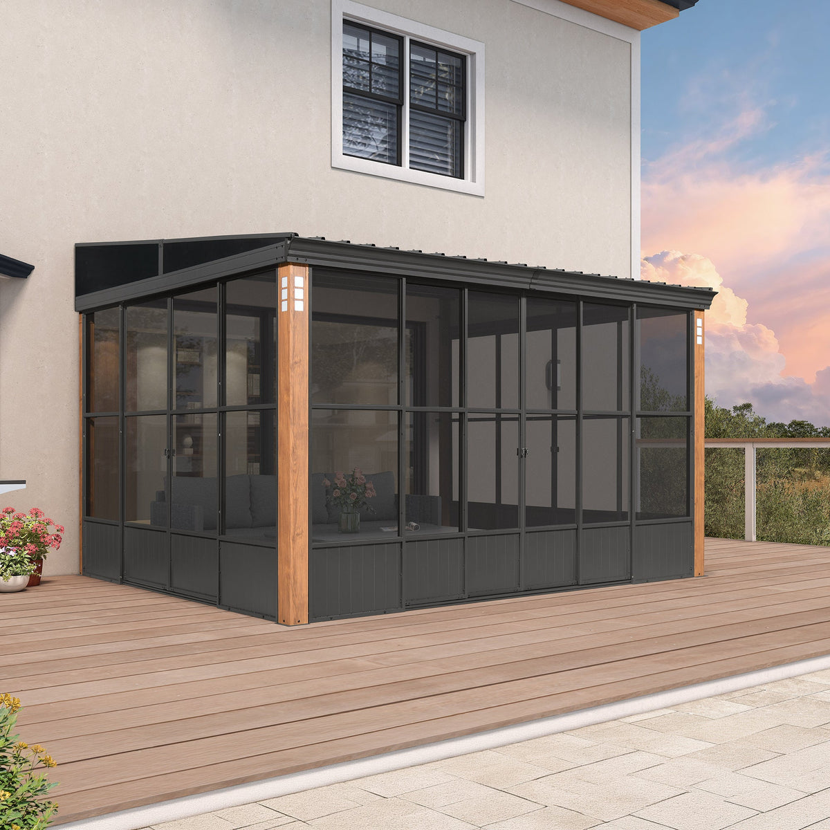 PURPLE LEAF Wall Mounted Sunroom Galvanized Steel Sloped Roof Lean-to Enclosed Aluminum Grey Frame Wood Grain Columns for Outdoor Home Extension — product view 3
