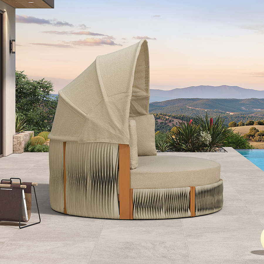 PURPLE LEAF Outdoor Round Daybed Chaise Lounge with Adjustable Canopy for Patio, Olefin fabric cover, thickened seat and back cushion, adjustable canopy, all weather aluminum frame, elegant wicker design — product view 2