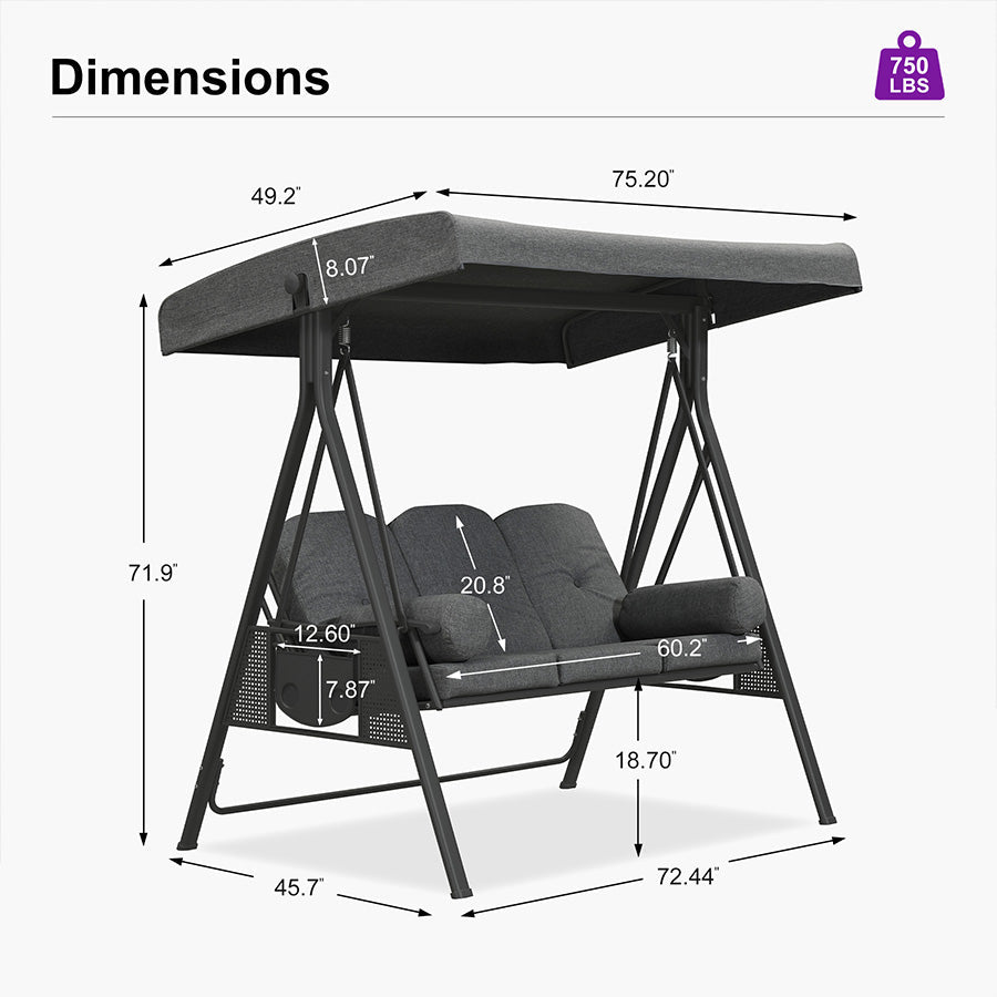 PURPLE LEAF 3-Seat Porch Swing Outdoor w/Cushion & Adjustable Canopy โ product view 3