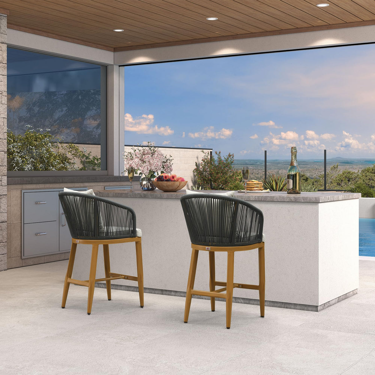 PURPLE LEAF Outdoor Bar Stools Patio Modern Aluminum Rattan High Back & Arms Bar Chairs with Removable Cushions and Pillows for Outdoor or Indoor — product view 7