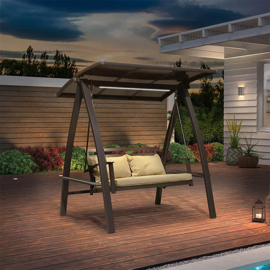 PURPLE LEAF Outdoor Porch Swing with Adjustable PVC Canopy and Side Cup Holder for Outside Garden Porch, Cushion and Pillows Included — product view 2