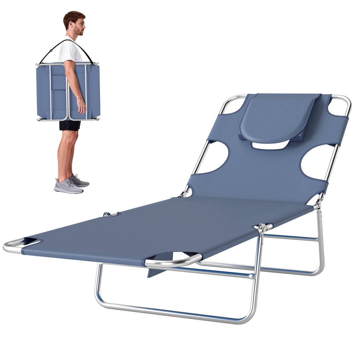 Folding Lounge Chair with Face Hole, Side Pocket and Strap, Grey — product view 2