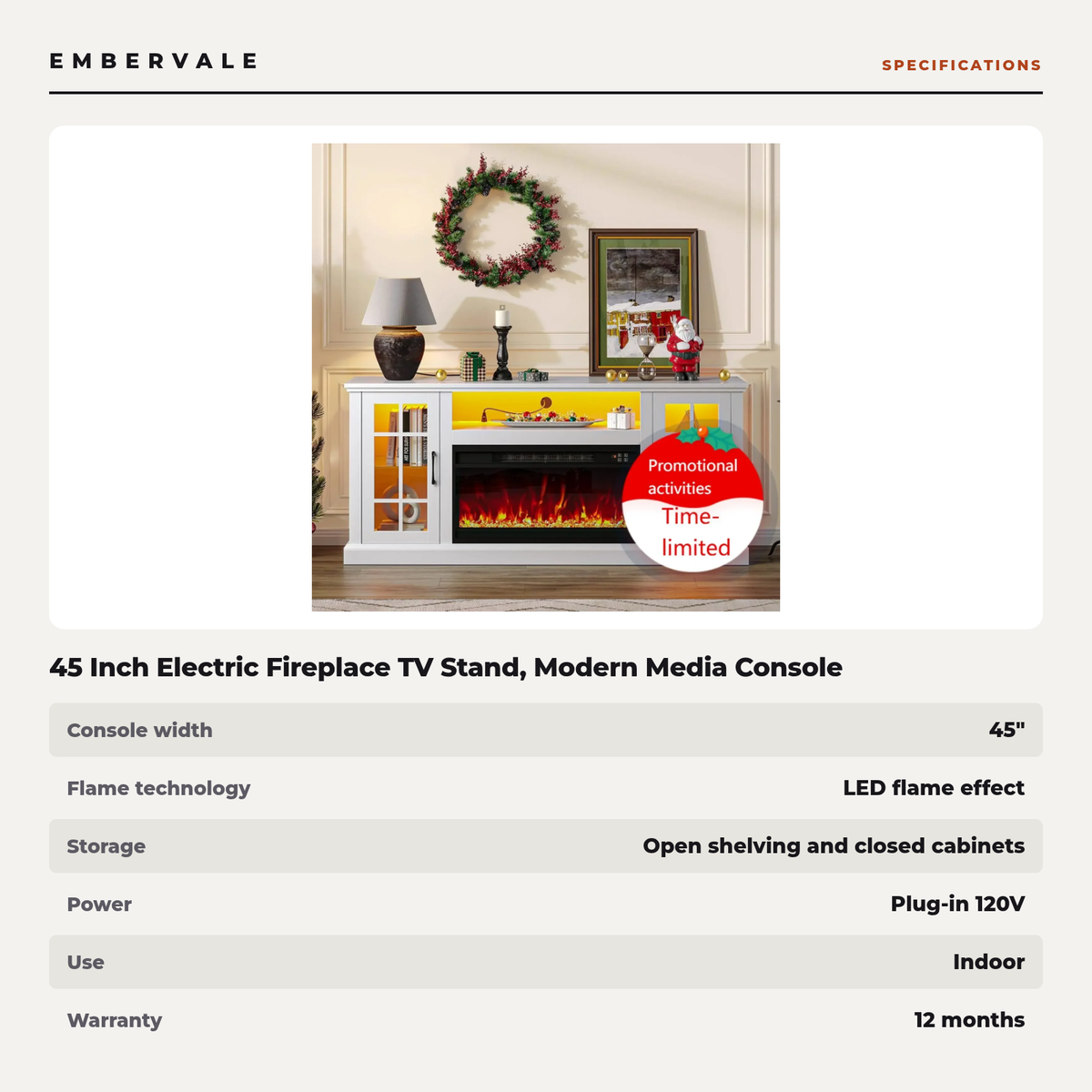 45 Inch Electric Fireplace TV Stand, Modern Media Console Entertainment Center, Storage Cabinets, Adjustable LED Flame for Living Rooms — product view 3