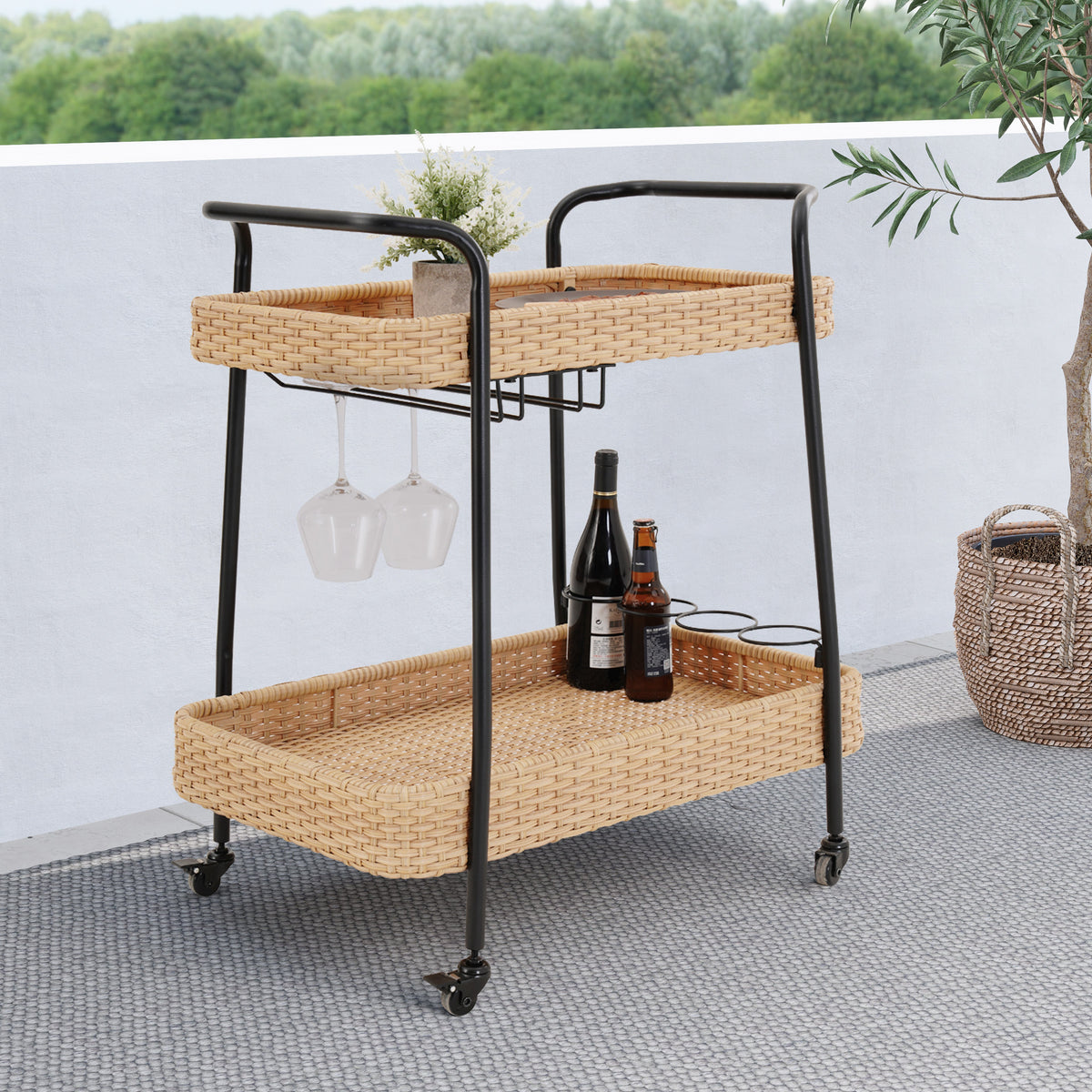 LOUNGE YARD Outdoor & Indoor PE Wicker Steel 2-Tier Rolling Bar Beverage Cart Vaxjo Natural Color — product view 2