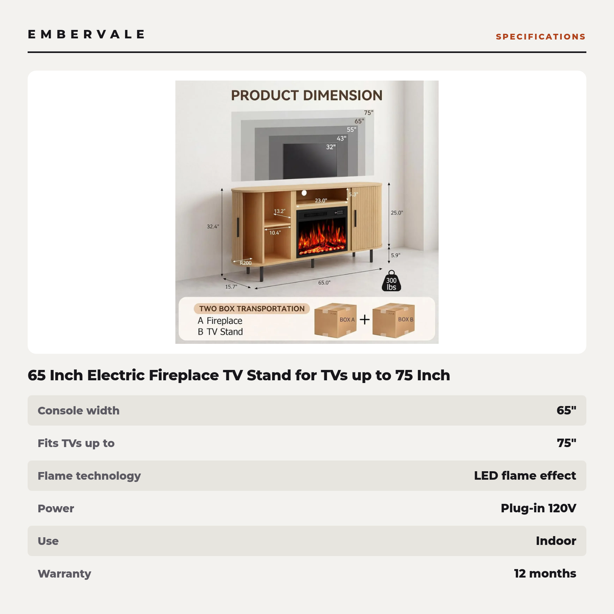 65 Inch Electric Fireplace TV Stand for TVs up to 75 Inch, Modern Media Console Entertainment Center for Living Rooms — product view 3