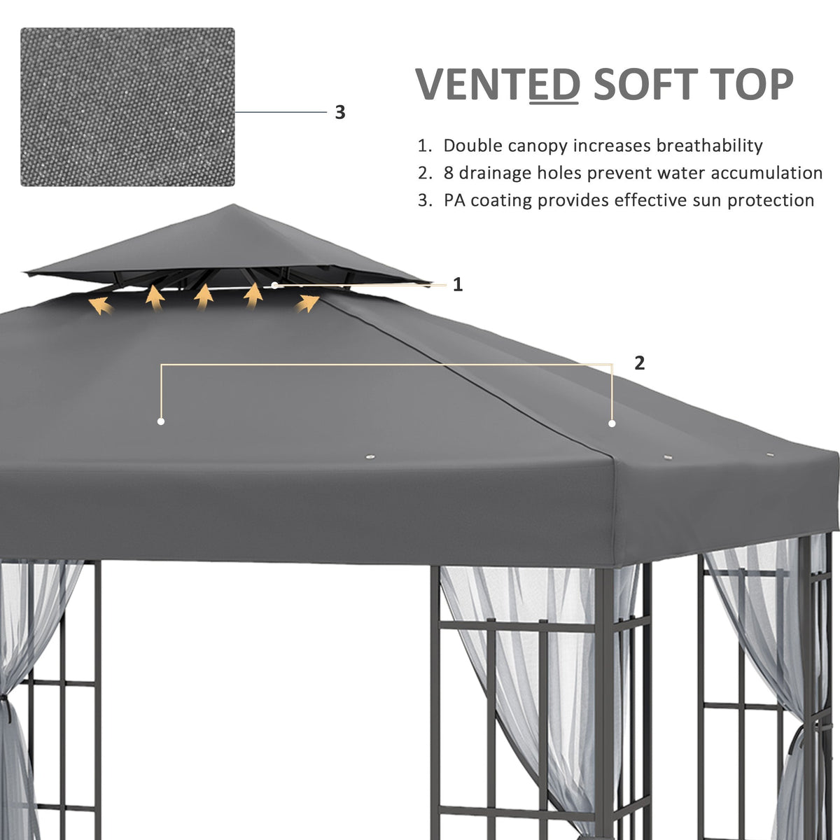 3 x 3m Patio Gazebo with 2 Tier Roof & Mosquito Netting, Grey — product view 6