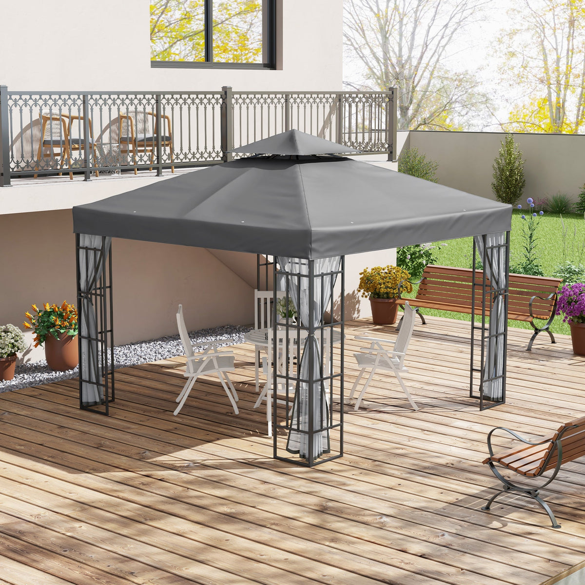 3 x 3m Patio Gazebo with 2 Tier Roof & Mosquito Netting, Grey — product view 3