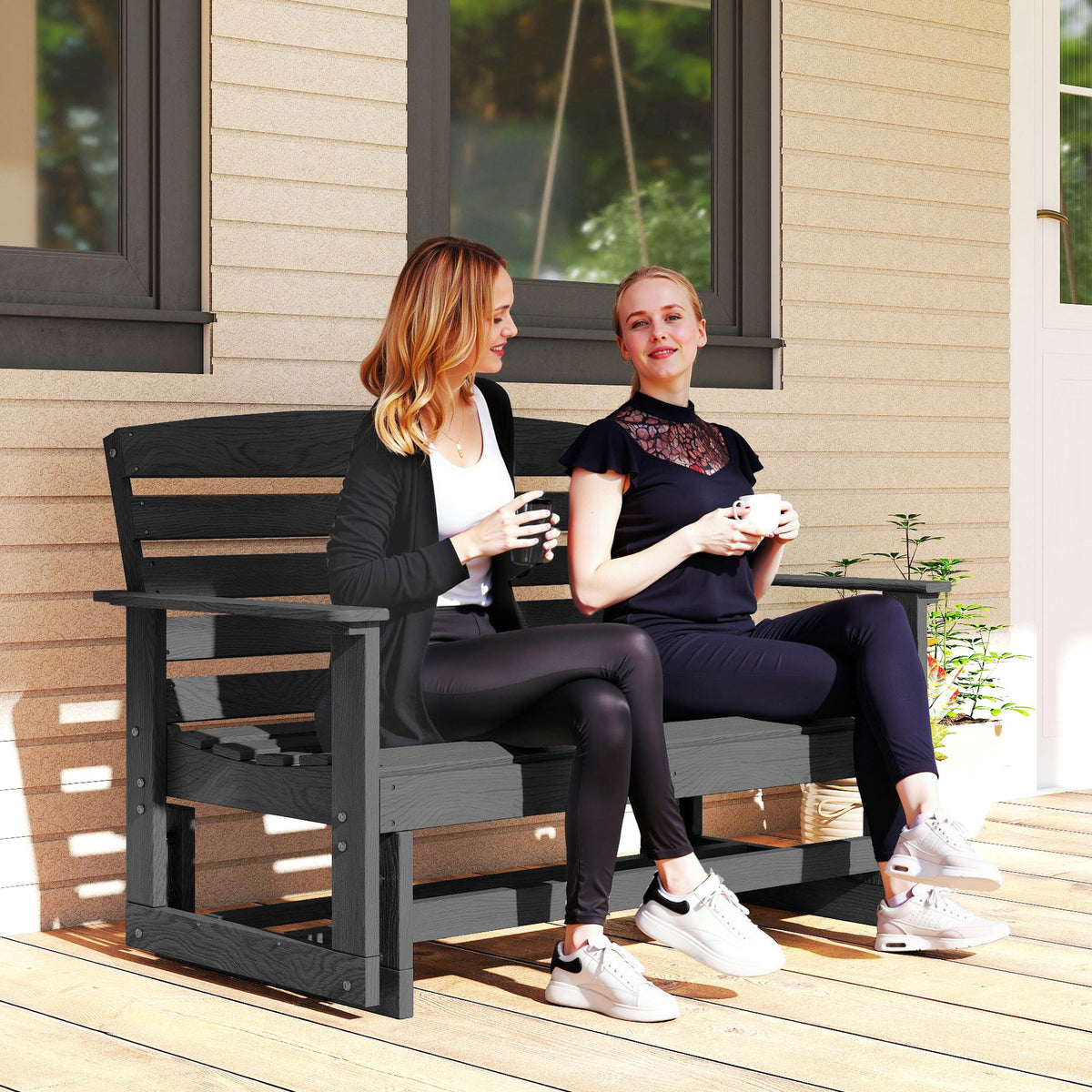 2-Person Patio Double Swing Rocking Chair Loveseat w/ Slatted HDPE Frame, Distressed Black — product view 4