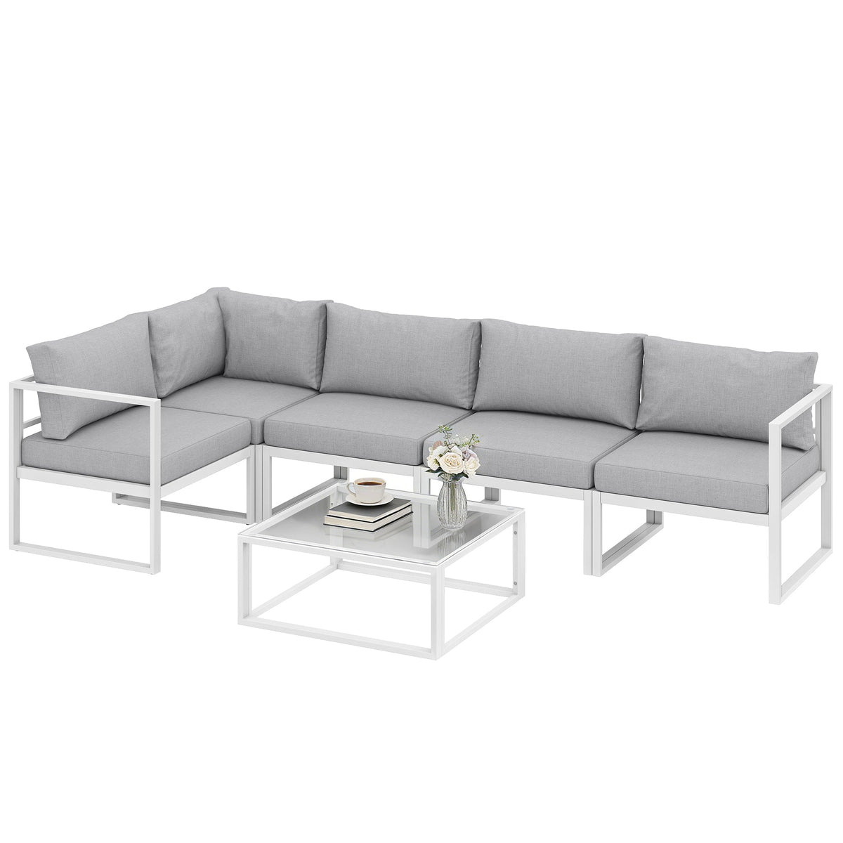 6 Seater Aluminium Garden Sofa Set with Coffee Table, Light Grey — product view 1