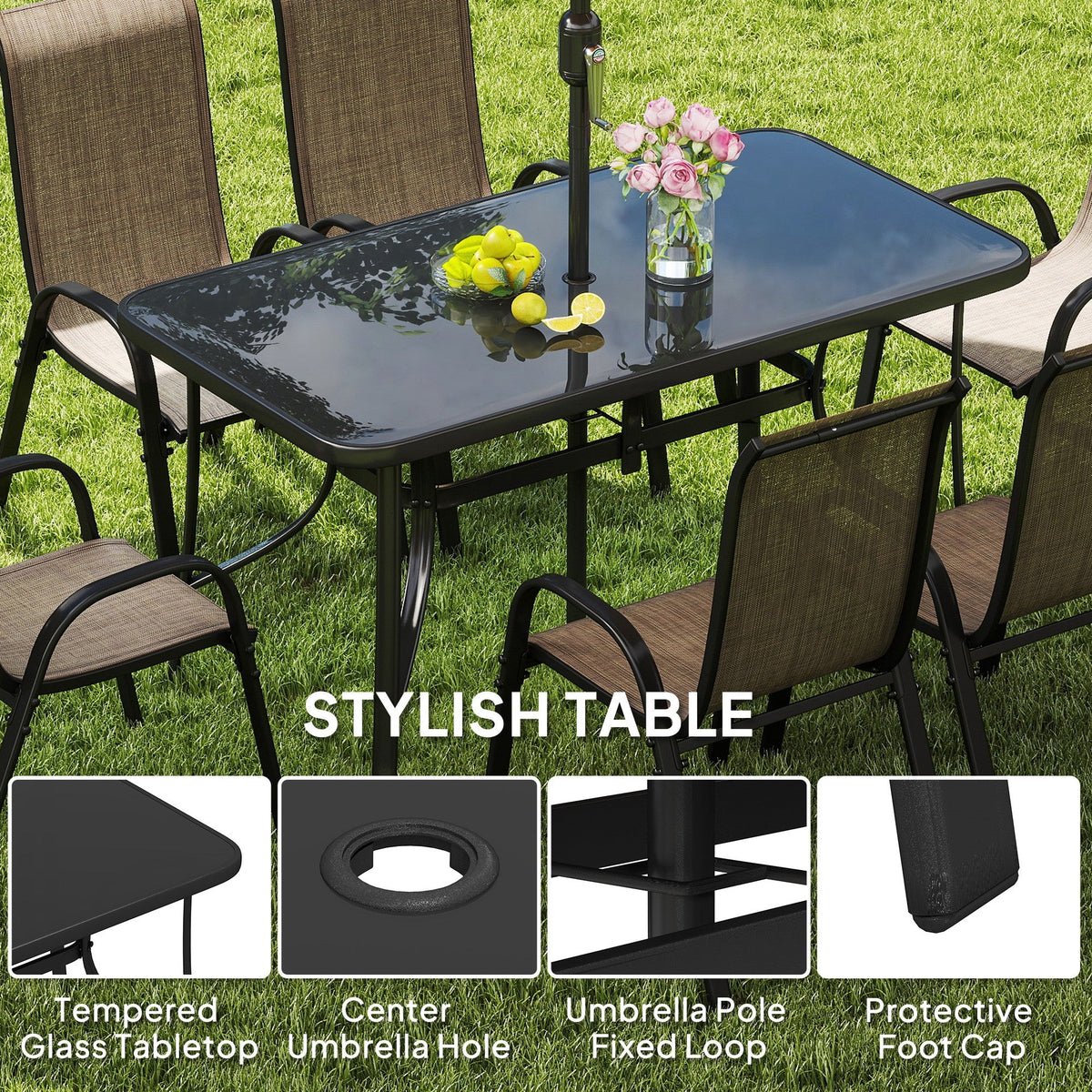 8-Piece Patio Dining Set with 9 Ft Umbrella, Mixed Brown — product view 6