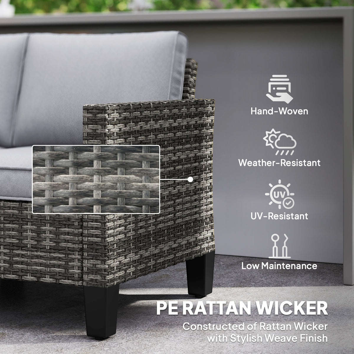 2 Seater Rattan Garden Sofa with Cushions & Armrests, Dark Grey — product view 7