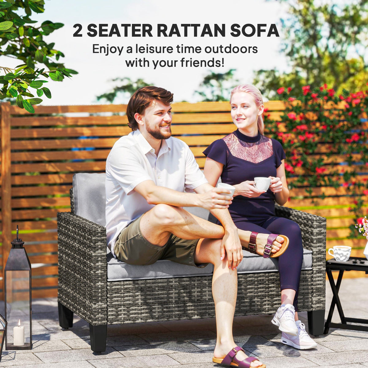 2 Seater Rattan Garden Sofa with Cushions & Armrests, Dark Grey — product view 6