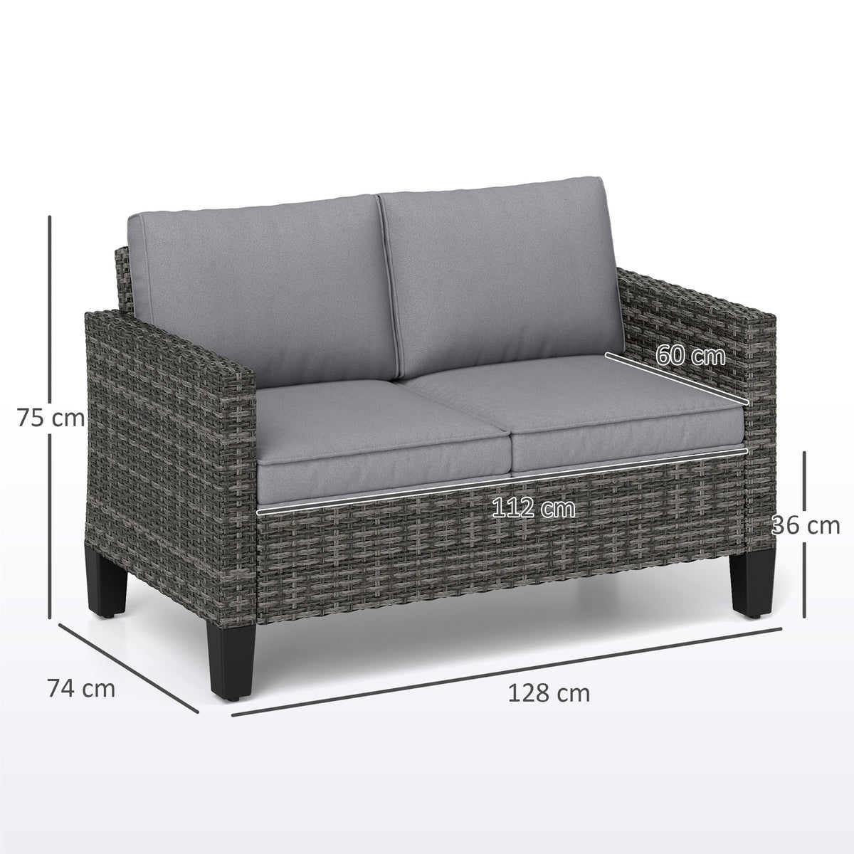 2 Seater Rattan Garden Sofa with Cushions & Armrests, Dark Grey — product view 5
