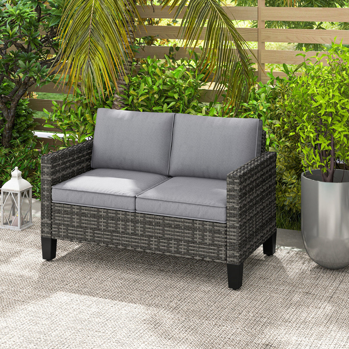 2 Seater Rattan Garden Sofa with Cushions & Armrests, Dark Grey — product view 4