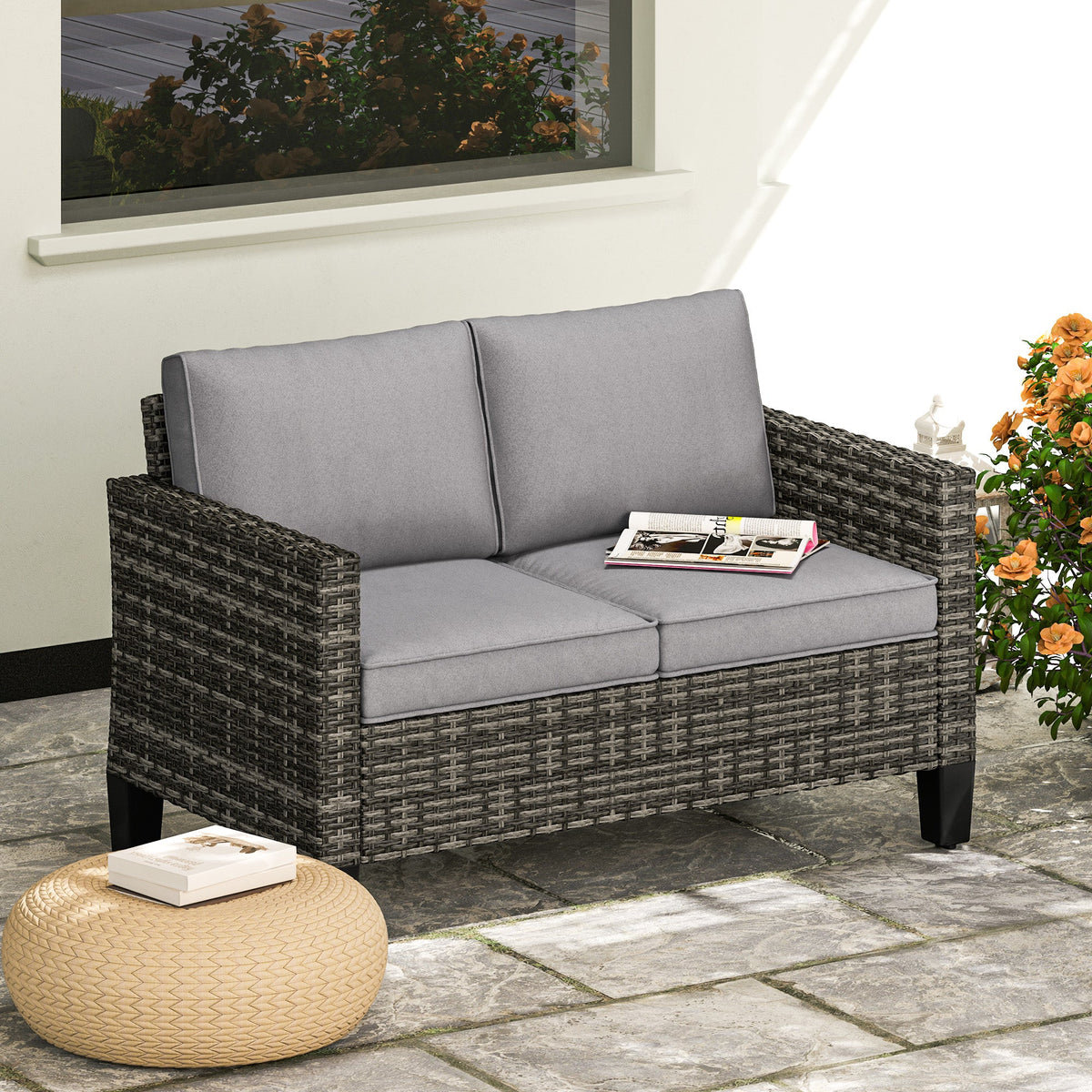 2 Seater Rattan Garden Sofa with Cushions & Armrests, Dark Grey — product view 3