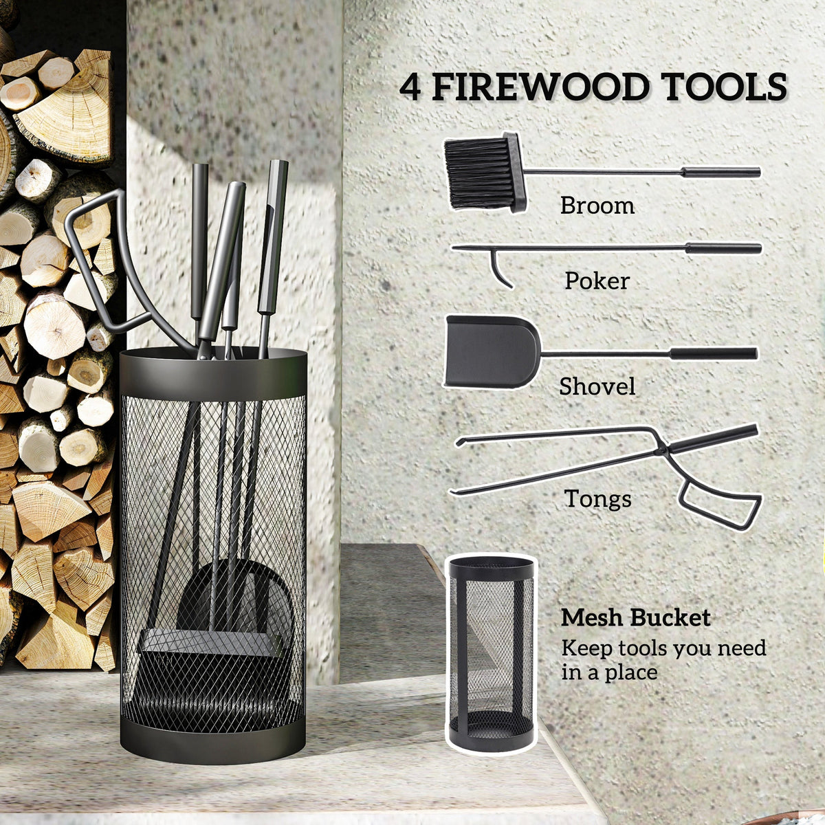 5-Piece Metal Fireplace Tool Set with Brush, Shovel, Poker, Tongs & Mesh Bucket for Indoor or Outdoor Fireplaces — product view 6
