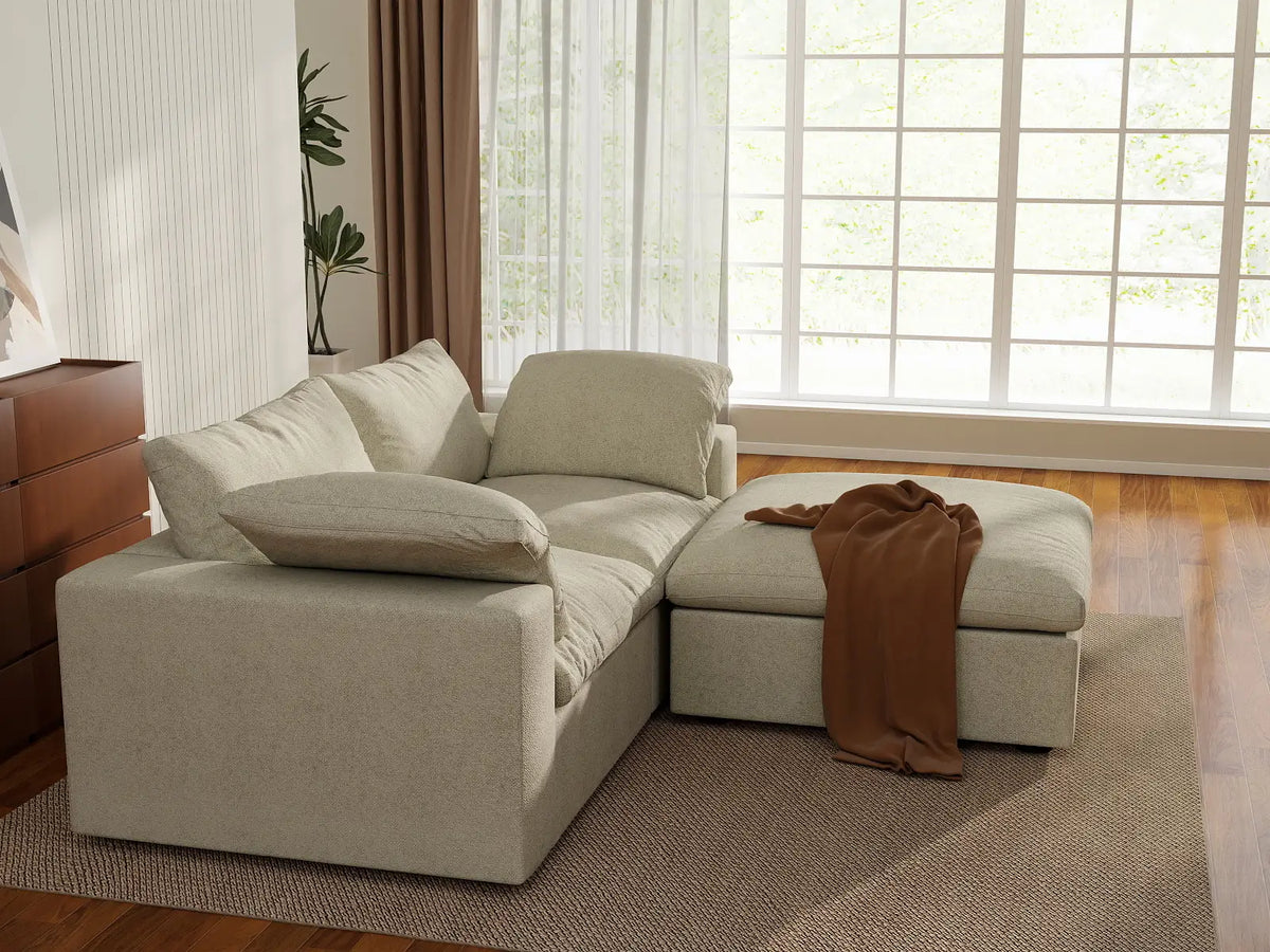 Deluxe Cloud 2-Seater Khaki Storage Chaise Sectional | 3-Piece (includes 1 Ottoman), Cotton and Linen Fabric, Washable Covers — product view 5