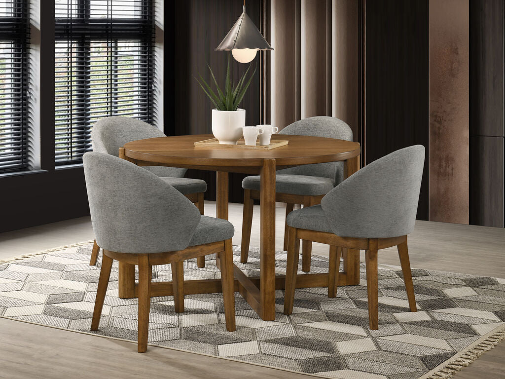 30073-1-5PC Andrew 5-Piece Walnut Finish 47" Round Dining Table Set with 4 Light Gray Barrel Back Chairs — product view 1