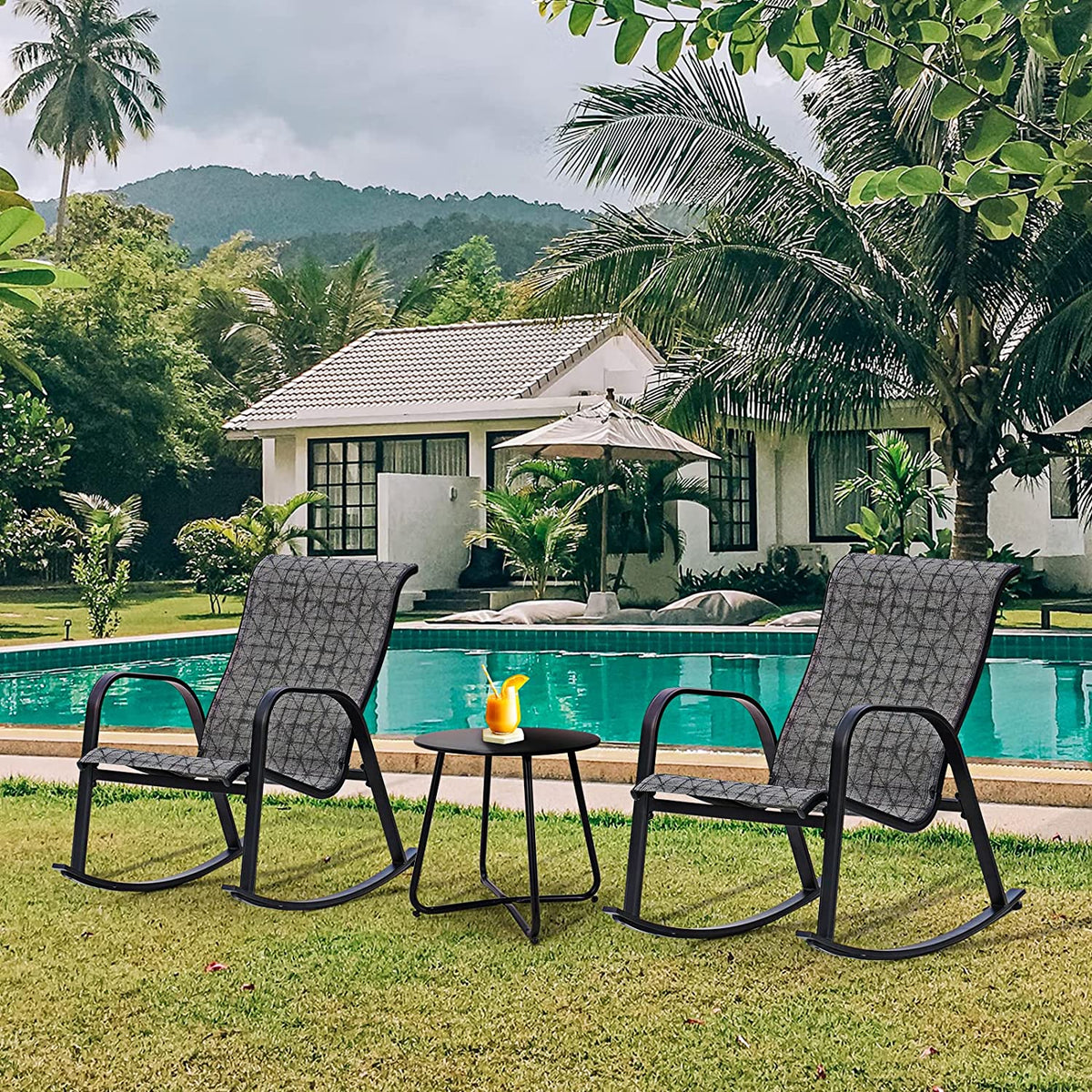 LOUNGE YARD Outdoor 3-Piece Patio Bistro Rocking Chair Set, Steel Rocker Seating Outside for Front Porch, Garden, Patio, Backyard — product view 4