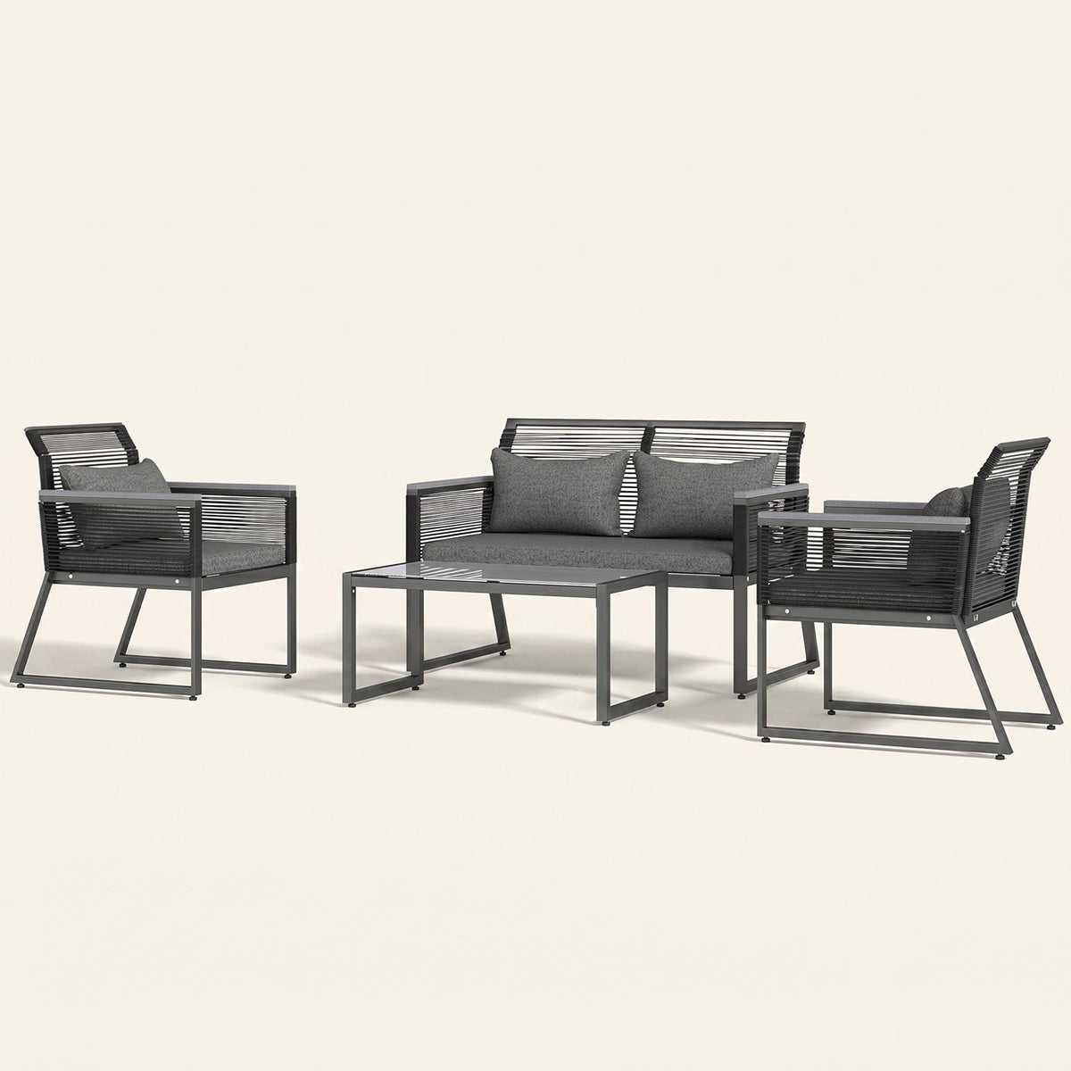 ARVOYA 4 Piece Rattan Garden Furniture Set with Cushions & Glass Top Table, Charcoal Grey — product view 2