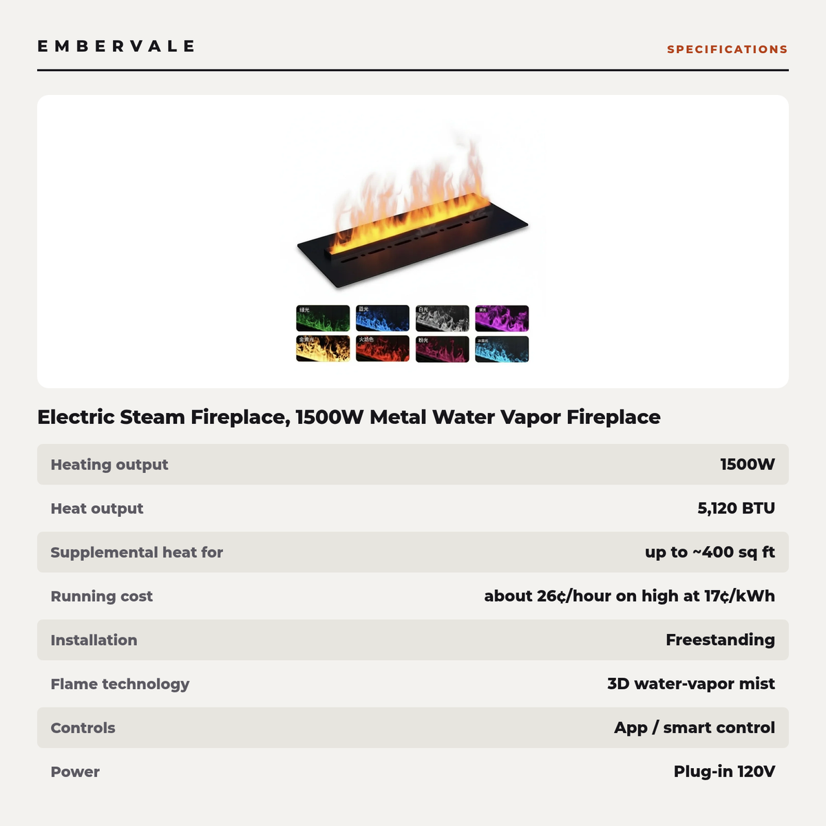 Electric Steam Fireplace, 1500W Metal Water Vapor Fireplace with 3D LED Flame, App-Controlled Freestanding Heater — product view 4